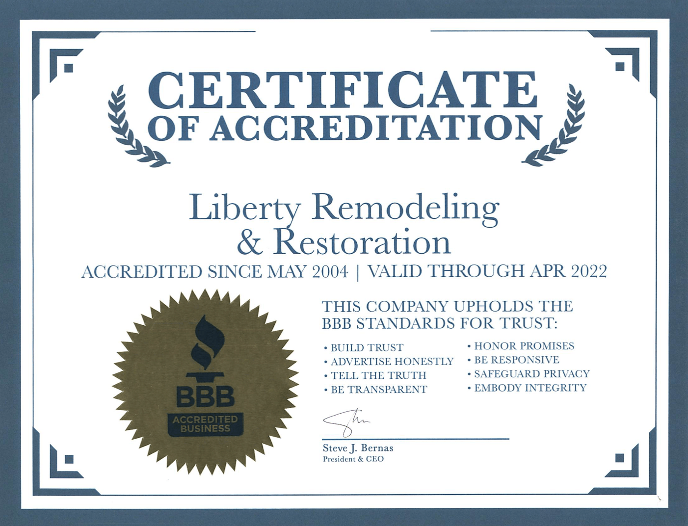 Certificate Bbb Liberty Remodeling